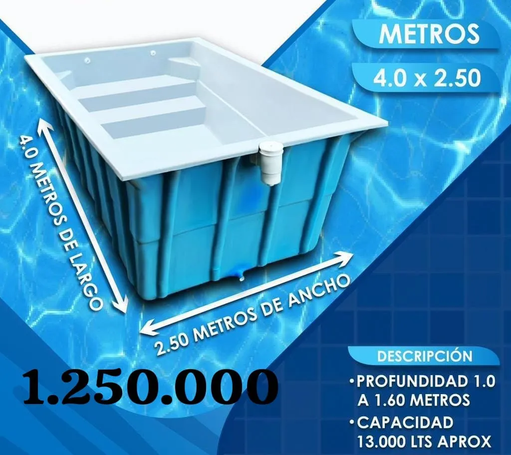 Piscina compacta de fibra de 4 por 2,50 metros con escala de ancho completo