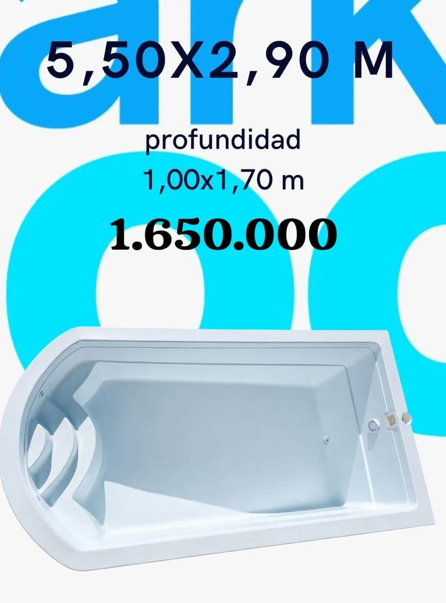 Piscina de fibra de 5,50 por 2,90 metros con extremo curvo y banco