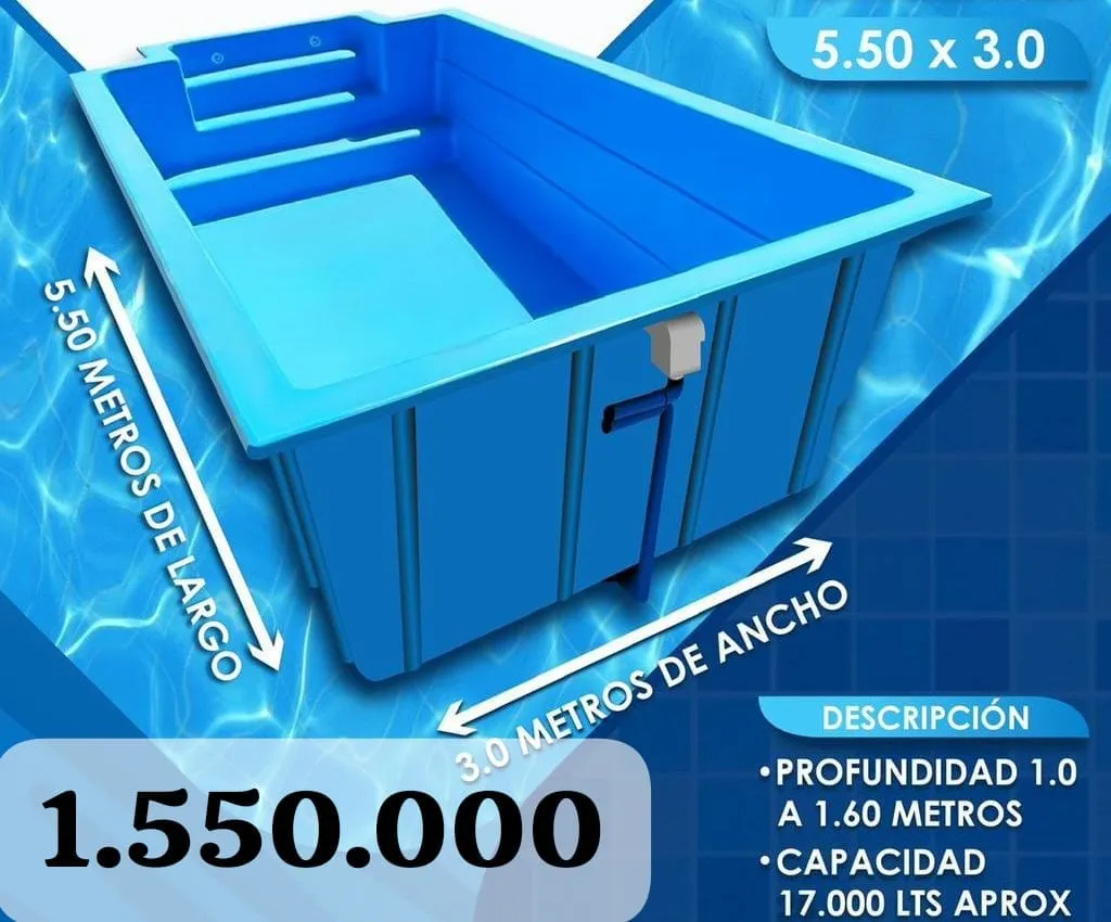 Piscina de fibra de 5,50 por 3 metros con escala de ancho completo