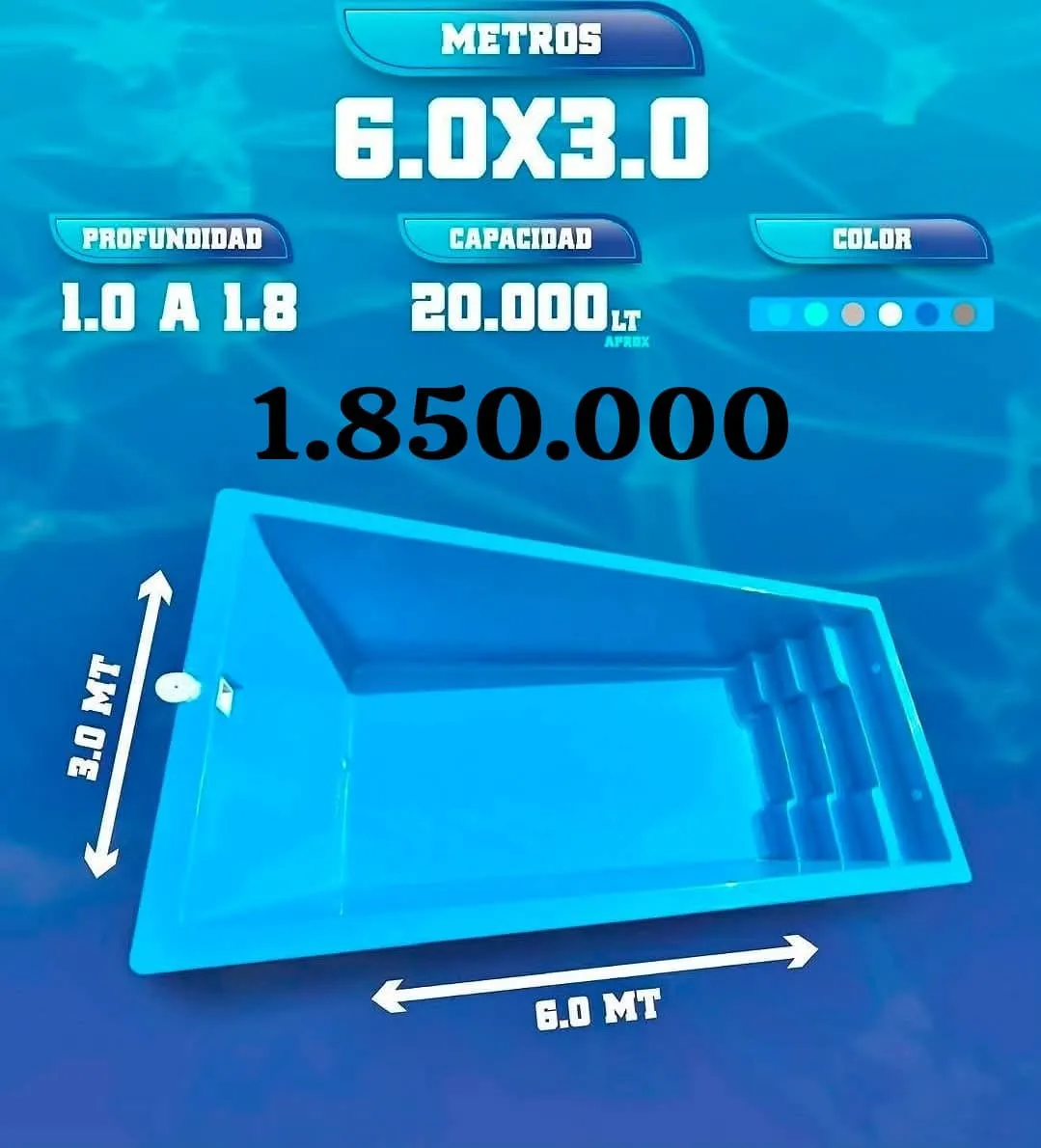 Piscina de fibra de 6 por 3 metros con escala de ancho completo
