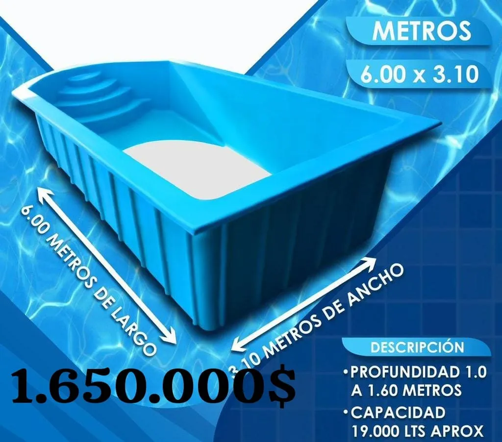 Piscina de fibra de 6 por 3,10 metros con escala curva esquinera