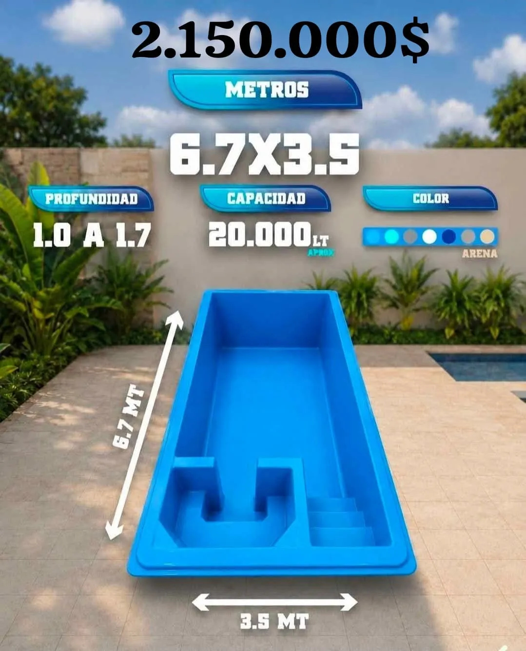 Piscina de fibra de 6,70 por 3,50 metros con escala y banco lateral