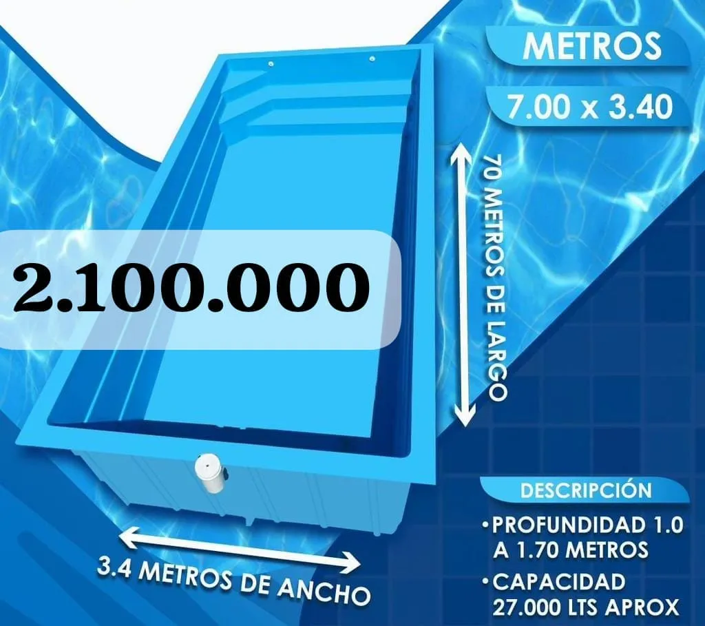 Piscina de fibra de 7 por 3,40 metros con escala de ancho completo