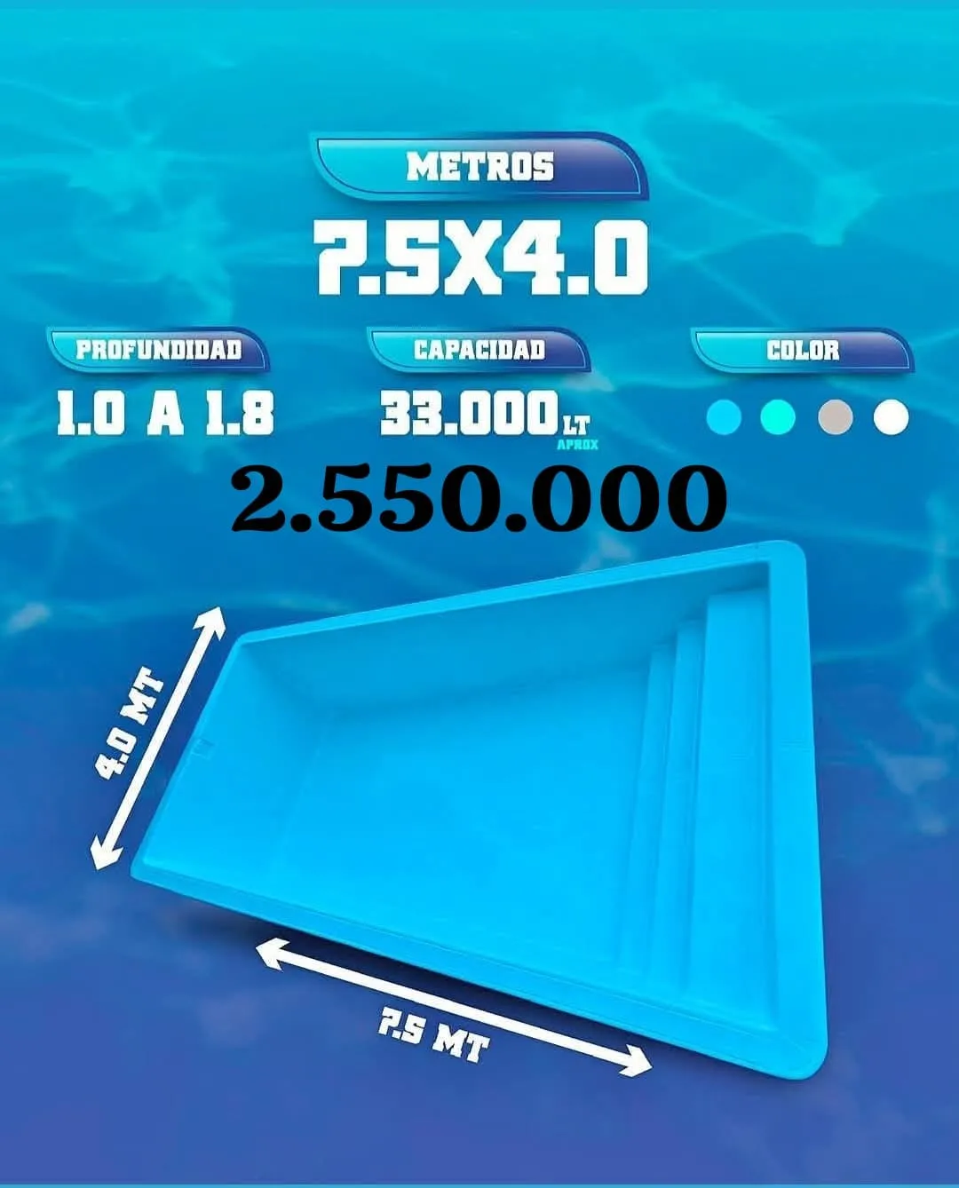 Piscina de sobredimensión de 7,50 por 4 metros con escala lateral amplia