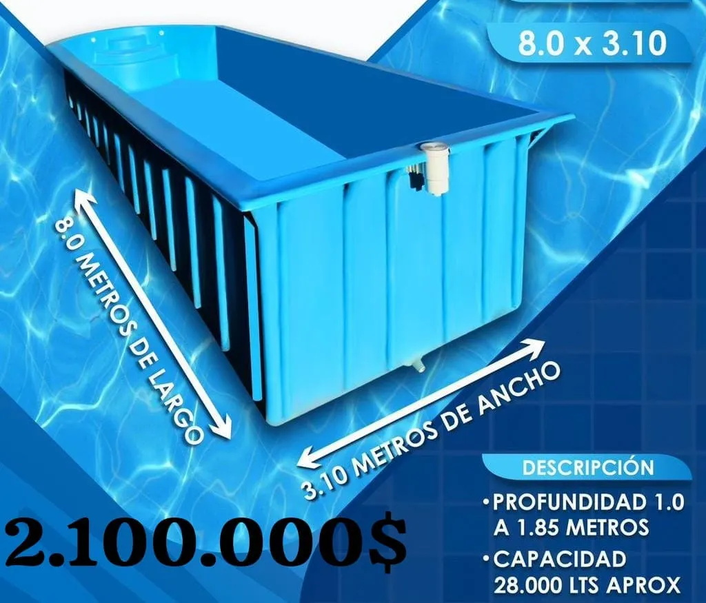 Piscina de fibra de 8 por 3,10 metros con banco lateral corrido