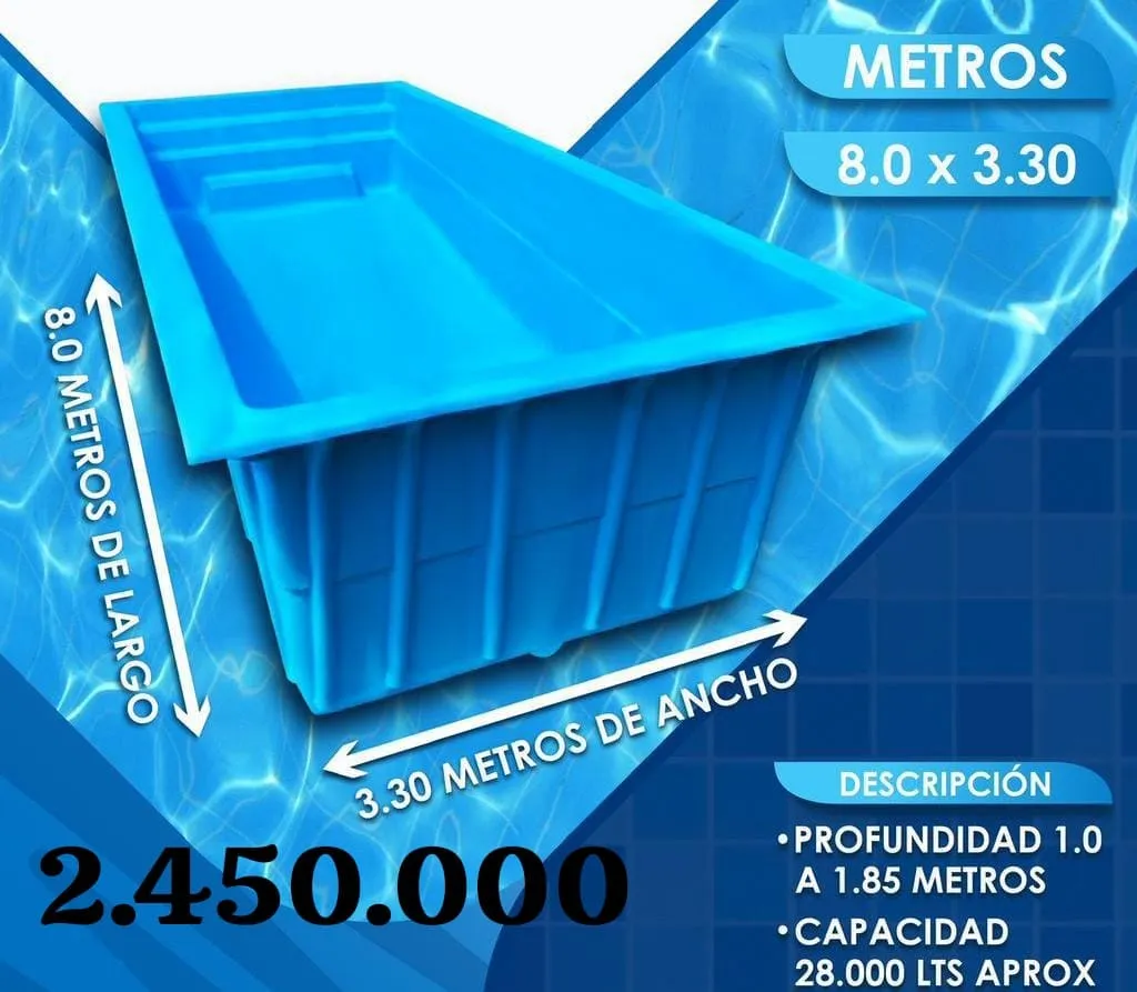 Piscina de fibra de 8 por 3,30 metros con escala lateral