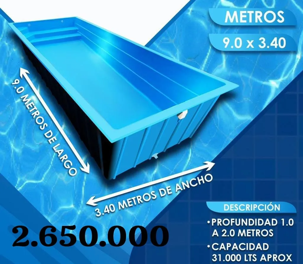 Piscina de fibra de 9 por 3,40 metros con escala lateral