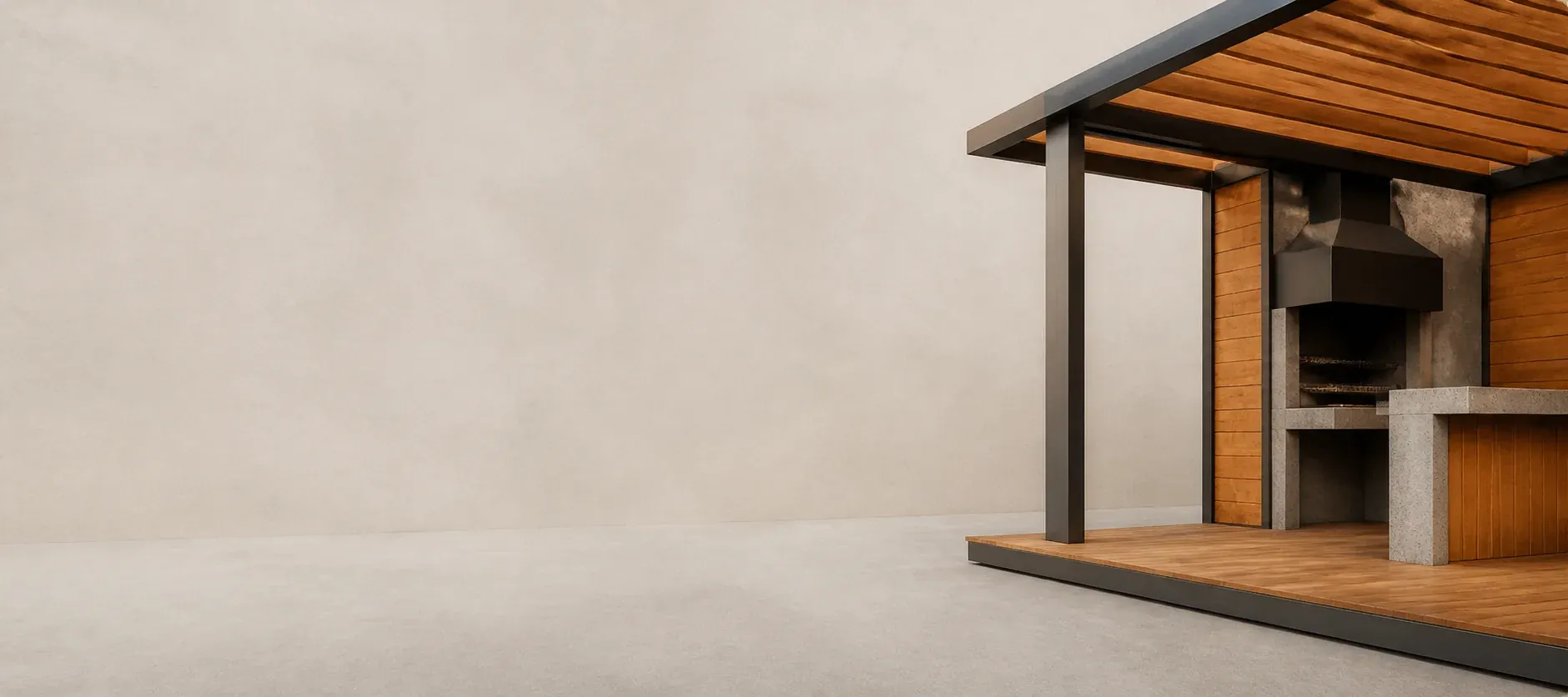 Quincho contemporáneo de madera y acero con parrilla y cubierta de piedra